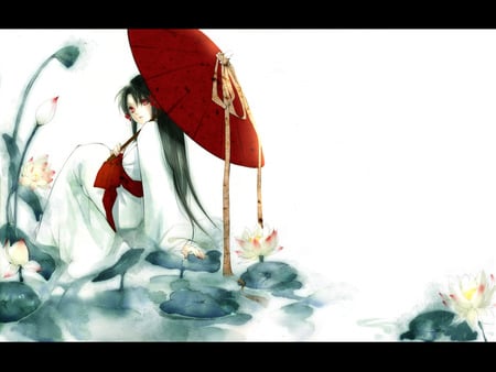 Kei Shu - watercolours, water, parasol, kimono, kei shu, red eyes