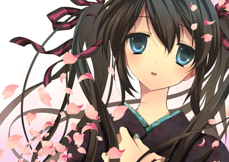 Miku in a kimono - hatsune miku, vocaloid, sakura petals, anime, kimono, cherry blossoms