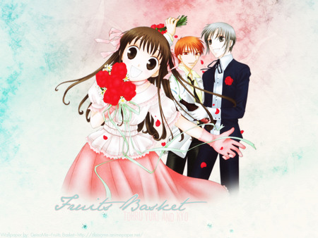 Fruits Basket - anime, girl, tohru, flowers, yuki, kyo, fruits basket, boys, cute, sexy