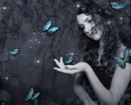 butterfly fantasy - blue, beautiful, wings, girl, dark