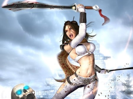 Woman Warrior - woman, skull, swords, fighting, fantasy girl