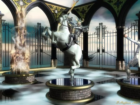 Check Mate - gate, arches, stands, sword, fence, horse, knight, horns, fantasy, flames