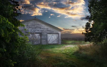 PLANK Garage IN FOREST - clouds, house, skies, plank, sunset, forest, garage