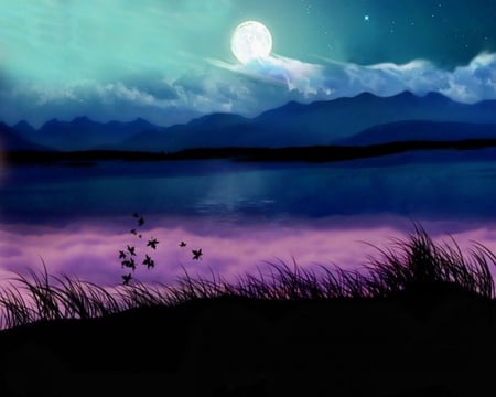 Beautiful Moon - magic, blue, amazing, splendor, night, light, stars, purple, view, sky, clouds, moon, abstract, water, beautiful, sea, beauty, colors, ocean, moonlight, colorful, fantasy, nature, cloud, peaceful, full moon, wave