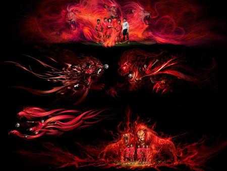 Lions and Dragons - red, football, teams, black, fire