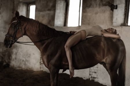Horse and the lady - animal, lady, Horse, swimsuit
