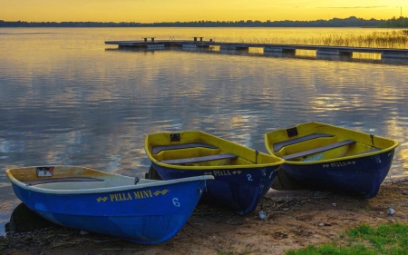Boats by Lake - boats, pier, Latvia, sunrise, lake