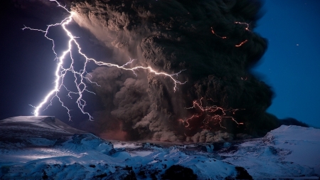 volcanic eruption - lightning, rocks, smoke, snow, volcano