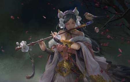 Cai Wenji - art, cai wenji, caiwenji, dark, flute, frumusete, gantasy, girl, gorgeous, instrument, luminos, superb, zhaozhonglu