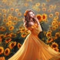 Gorgeous Model in a Field of Sunflowers