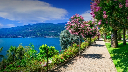 italy park - hills, gardens, plants, sea, walkway, bay