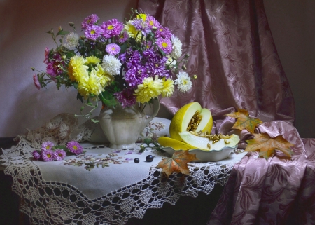 Still life - curtain, flowers, jug, melon