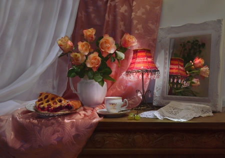 Still life - Lamp, Roses, Reflection, Pie