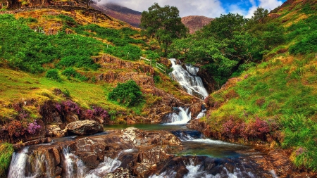 waterfall stream - united kingdom, stream, waterfall, stones