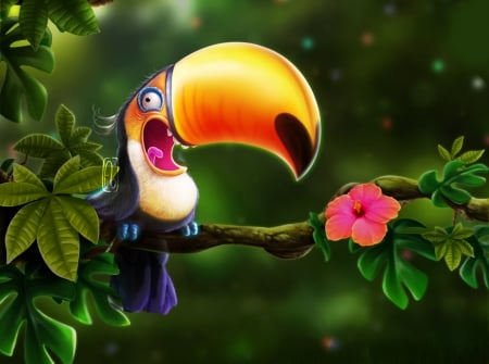 Toucan - bird, florianne becker, yellow, flower, toucan, pasari, fantasy, funny, exotic, hibiscus, art