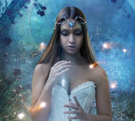 Fireflylights - blue, night, girl, hand, jewel, firefly, fantasy, luminos, andreea cernestean