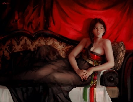 The crimson - odalisque, hanho lee, fantasy, jiun kuo, red, girl, art, luminos