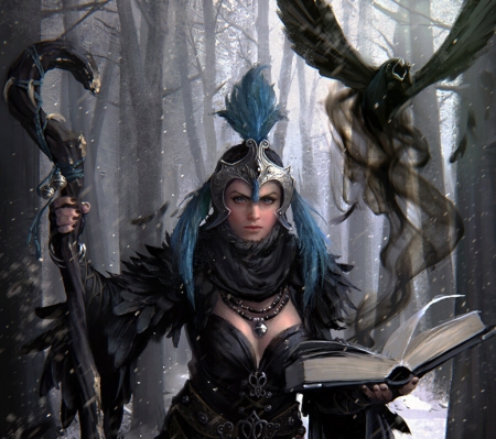 Crow maiden - hanho lee, crow, bird, fantasy, art, girl, armor