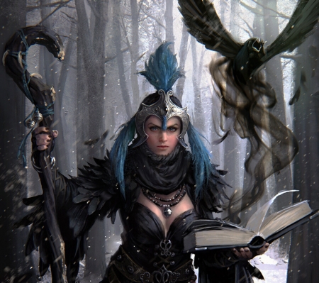 Crow maiden - armor, bird, hanho lee, fantasy, crow, girl, art