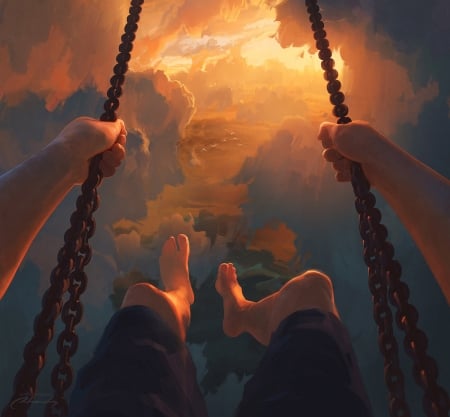 Sunset swing - summer, view from the top, orange, swing, artem chebokha, fantasy, sunset, hand, cloud, vara, luminos, feet