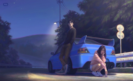Night drive - traffic, night, blue, art, jessejzette, man, car, girl, fantasy, sign, couple