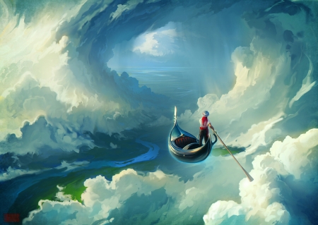 Perian spring - summer, blue, boat, man, artem chebokha, fantasy, white, cloud, art, vara, sky, luminos