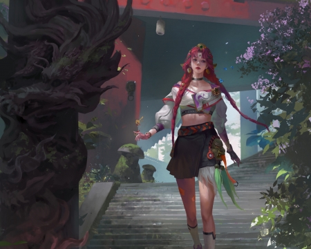 Leaving the temple - art, fantasy, girl, luminos, redhead, stairs, tea me, teame, temple