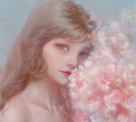 Girl with pink peonies - user 23385, blue, portrait, girl, eyes, flower, gigi, superb, frumusete, fantasy, peony, gorgeous, user23385, face, art, luminos