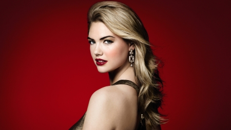 Kate Upton - red background, looking over shoulder, blondes, models, Kate Upton, closeup