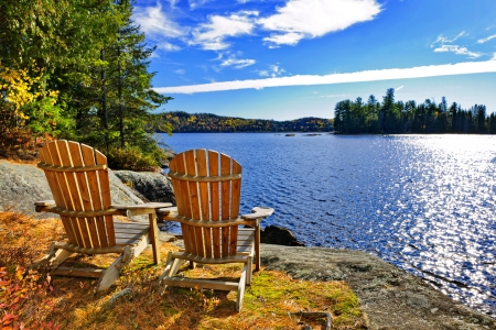 Adirondack chairs at lake shore - beautiful, chairs, rest, mountain, lakeshore, tranquility, view, serenity, lake, sky