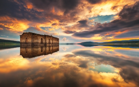 Reflection on the lake - clouds, water, majestic, beauty, reflection, nature, 4K, lake, dramatic, sky, building