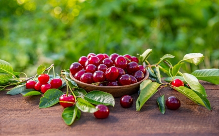 Cherries - wooden, cherries, red, berries, bowl