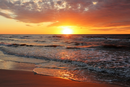 Beach sunset - sunset, water, beach, sea, sunrise, ocean