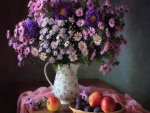 Still life with a bouquet of Chrysanthemum and fruits