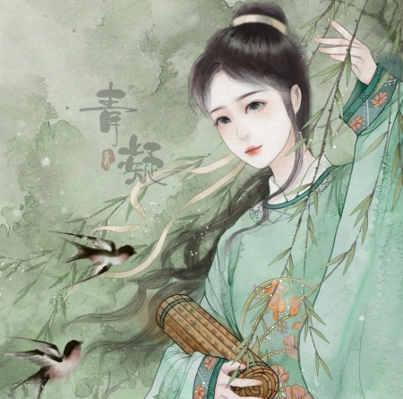 Spring girl - art, asian, bird, fantasy, girl, green, jag96, luminos, pasari, spring, swallow
