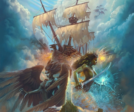 The voyage - ship, yasuartstudio, art, fantasy, yasu art studio, yasushi matsuoka, girl, water, wings
