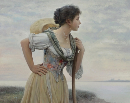 Country girl - fantasy, country, art, luminos, tang maohua, girl