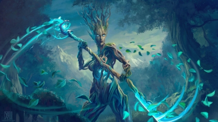 Power of the forest - blue, fantasy, art, yasuartstudio, yasu art studio, yasushi matsuoka, creature, forest