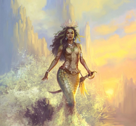 Pirate mermaid - siren, mermaid, sword, pirate, girl, yasushi matsuoka, summer, yasuartstudio, fantasy, yasu art studio, yellow, luminos, vara