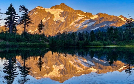 Mount Shuksan at sunset, Washington - usa, trees, water, landscape, lake, reflection