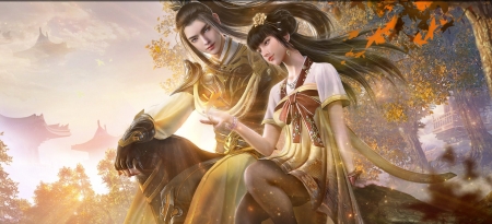 Fantasy couple - yellow, girl, man, liu tao, fantasy, autumn, golden, leaf, liutao