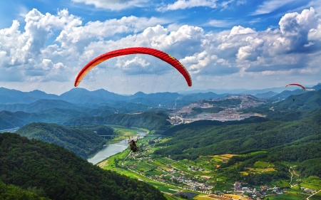 Paragliding over River - fields, clouds, paragliders, rover, aerial