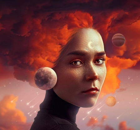 Univers by Deva Prasath - cloud, deva prasath, face, fantasy, girl, luminos, luna, moon, orange, planet, red, redhead, space, stars, surreal