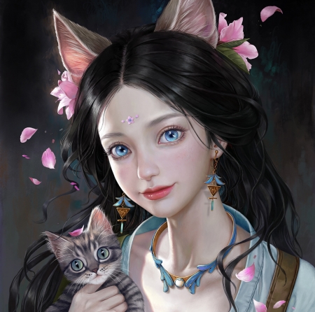 Fantasy girl - xixi xie, earrings, girl, jewel, cat, superb, frumusete, kitten, gorgeous, pisici, face, luminos