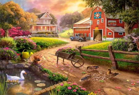 After the Rain - House, barn, car, trees, clouds, sky, cart, ducks, artwork, painting