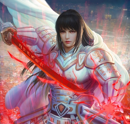 Saigo Takamori - samurai, girl, mario wibisono, katana, warrior, armor, sword, fantasy, red, luminos