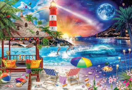 Life's a Beach - balloons, chairs, digital, flowers, gazebo, lighthouse, palms, planet, sea, sky, umbrella