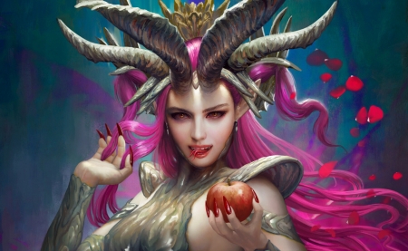 Asmodeus - apple, mario wibisono, girl, demon, frumusete, horns, pink, fantasy, face, luminos, tongue