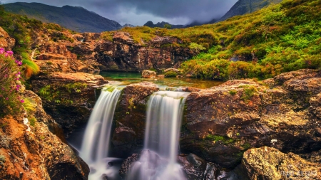 The Fairy Pools, Isle Of Skye, Scotland - clouds, river, cascade, landscape, mountains, rocks, sky