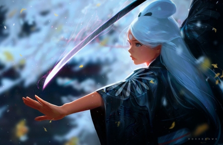 Fantasy girl - fantasy, blue, rossdraws, girl, sword, katana, kimono